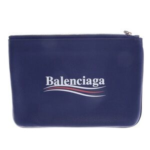Balenciaga Navy Leather Logo Toiletry Pouch with Tricolor Detail